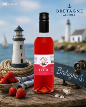 Preview: Erdbeersirup in Glasflasche neben frischen Erdbeeren